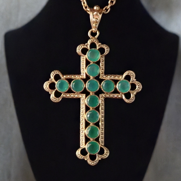 Nicky Butler Designer Signed Bronze Collection Green Chalcedony Cross Necklace